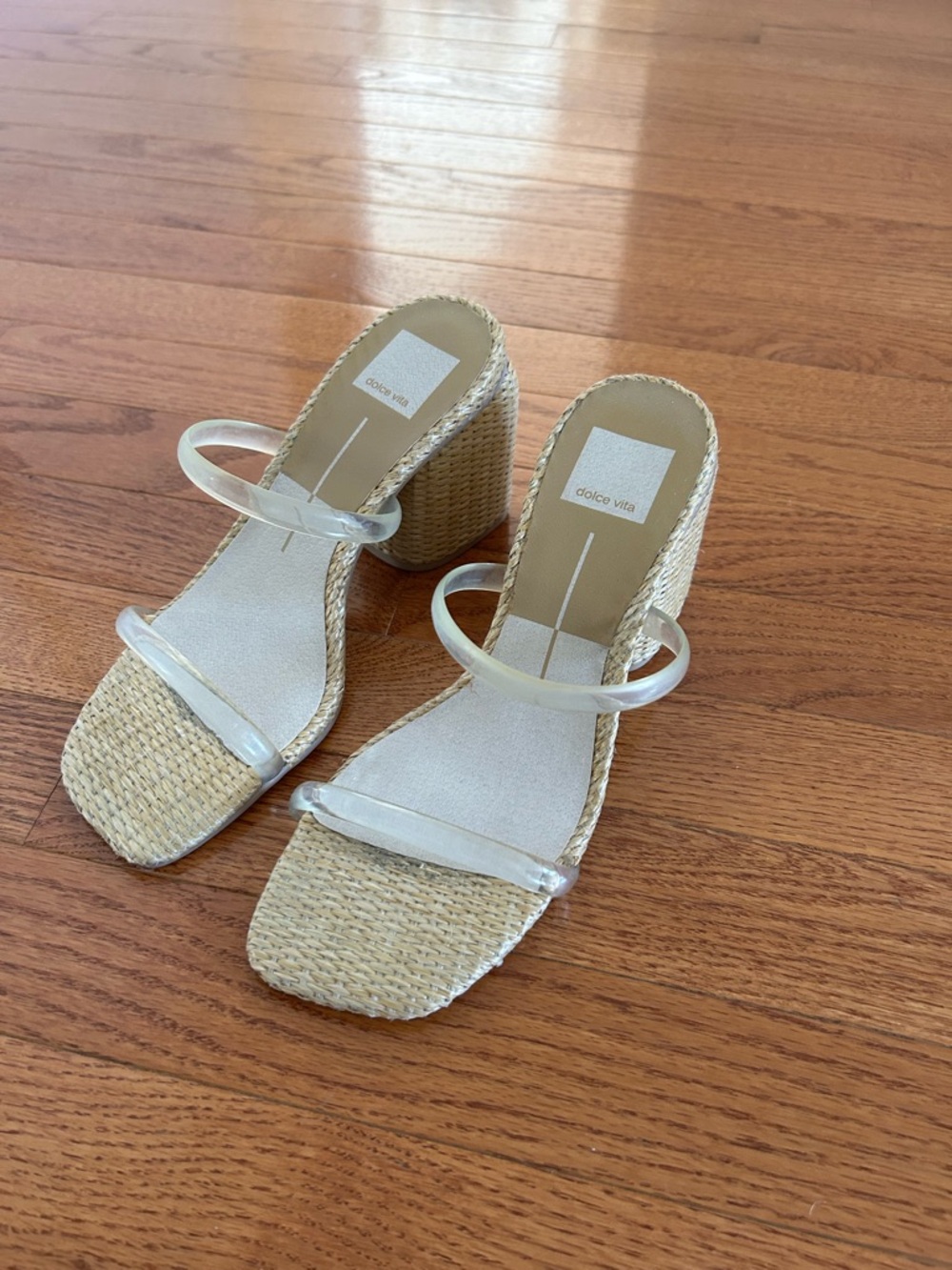 Dolce Vita Natural Woven Block Heel Sandals with Clear Straps